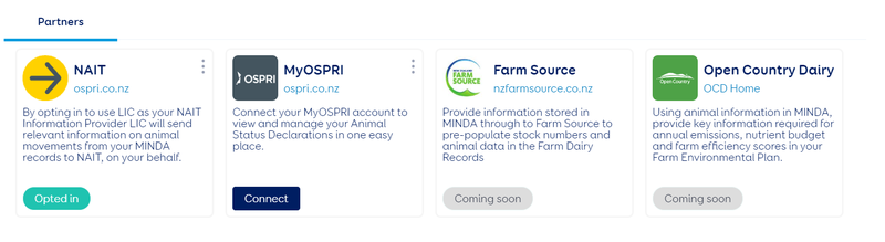 Farmers are able to access and manage these integrations through a brand new partners page in MINDA.